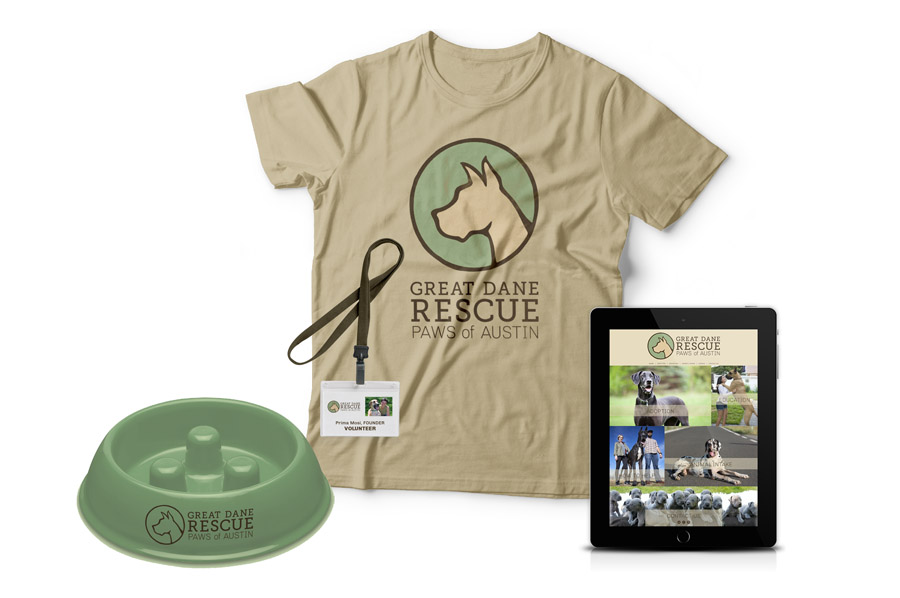 tshirt, dog bowl and volunteer badge
